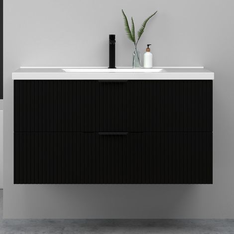 Meuble de salle de bain suspendu Strié 100cm avec poignées + simple vasque + 2 tiroirs, Noir