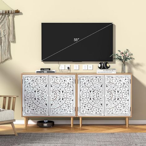 Buffet bas bois sculpté blanc et bois clair, 2 portes, étagère réglable (1/5)