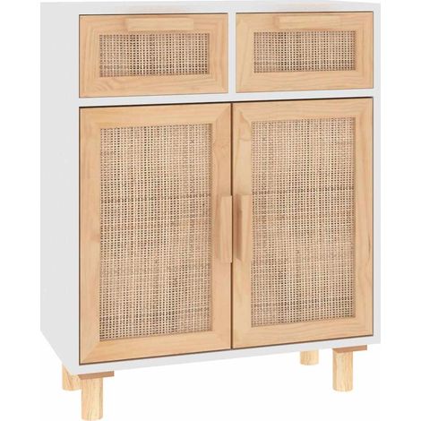 Sideboard/Anrichte/Buffet Weiß 60x30x75 cm Massivholz Kiefer und Natur-Rattan LXWW976534 (1/5)