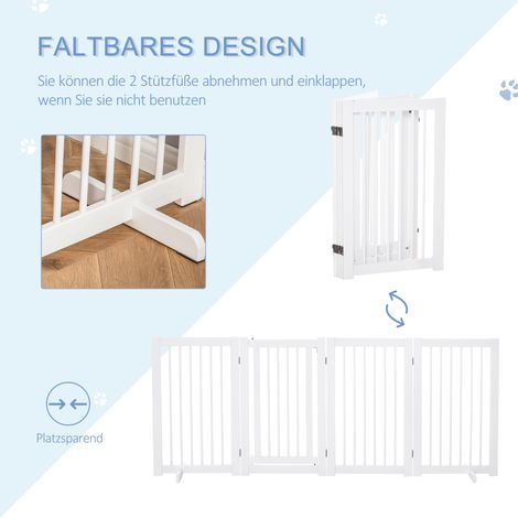 Barrière de sécurité pour chien autoportante avec pieds 220 x 91 cm bois, barrière pour chien escalier, porte, protection pour couloir, cuisine, 4 panneaux, blanc (1/5)