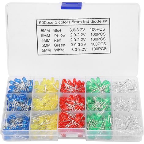 Kit de 500 diodes LED assorties de 5 mm (rouge, jaune, bleu, vert, blanc). (1/5)