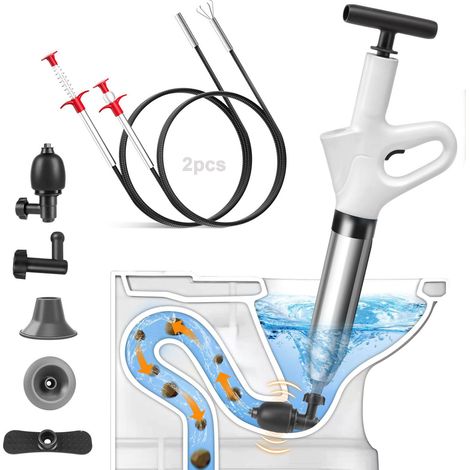 Deboucheur WC, 4-en-1 à Air Comprimé Ventouse Haute Pression Piston Puissant, Toilette/Évier/Baignoire, Anti-Bouchons Cheveux/Papier, avec 3 Têtes Remplaçables + Baromètre + Gonfleur (1/5)