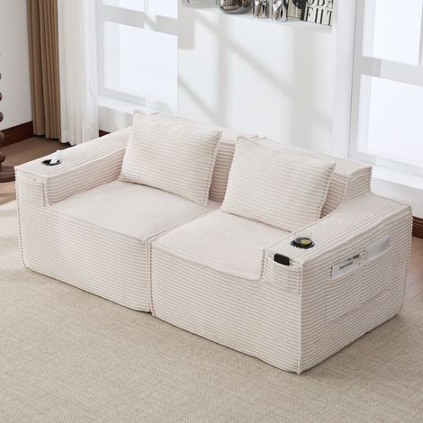 Sofá modular 188/90/75 cm de pana beige con portavasos y bolsillos laterales (1/5)