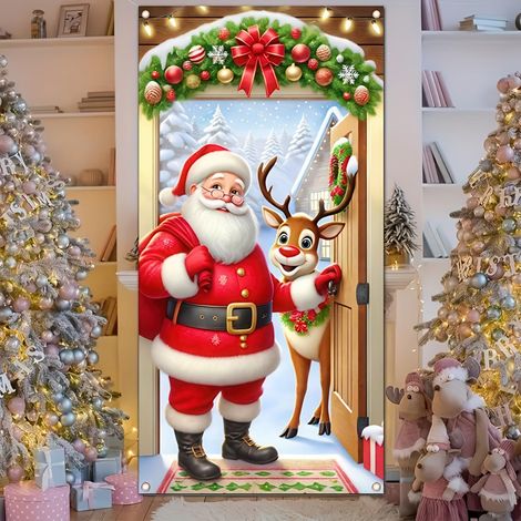 Décorations de Noël 2026 - Drapeaux, nœuds, décorations de Noël, rideaux de porte - 90 x 190 cm (taille élastique) - QL-18