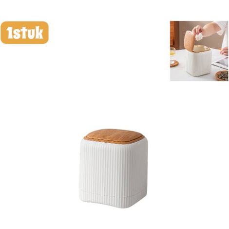 Mini poubelle avec couvercle à pression – Double compartiment intérieur/extérieur – Effet bois – Pour bureau, cuisine ou salle de bain – Blanc (1/5)