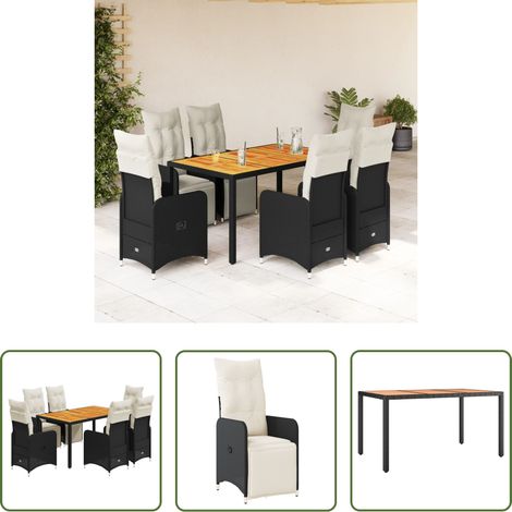 Gartentisch -  7-tlg. Garten-Bistro-Set mit Kissen Schwarz Poly Rattan (1/5)