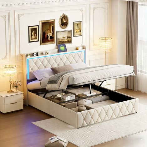 Letto contenitore 140x200 cm con USB Type-C, letto matrimoniale imbottito con rete a doghe, grande spazio contenitore