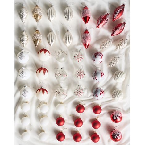 Conjunto de 50 bolas de Navidad decorativas de vidrio para colgar en el árbol de Navidad estilo glam tradicional rojo/blanco Snowflake