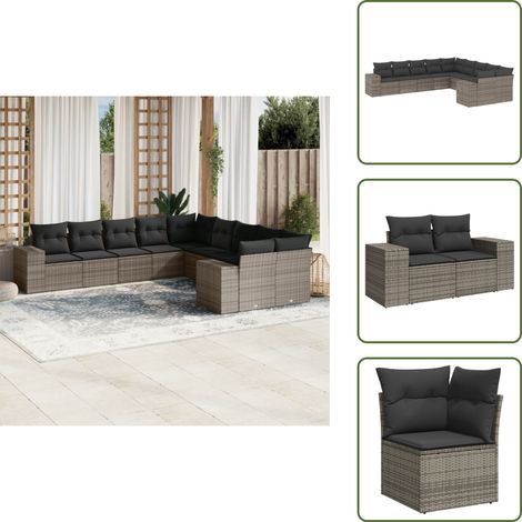 Ratán sintético - vidaXL Set de sofás de jardín 10 pzas con cojines ratán sintético gris - Sofás de jardín con cojines