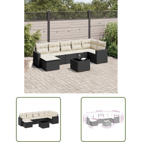 The Living Store Salon de jardin 8 pcs avec coussins noir résine tressée - Ensemble Salon De Jardin - Meuble De Jardin - Résine Tressée - Rotin Synthétique - Mobilier D'extérieur (1/3)
