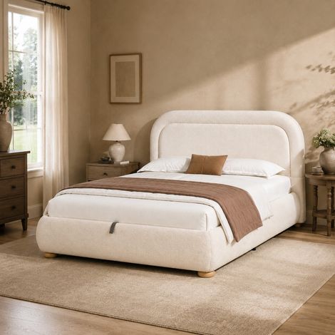 Cama doble tapizada beige 140 x 190 cm con somier de lamas y almacenaje hidráulico (1/5)