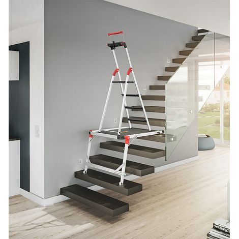 Hailo – Escabeau aluminium 4 marches XXL – Hauteur de travail 2m85 – Garde-corps télescopique – Plateforme antidérapante pour escaliers