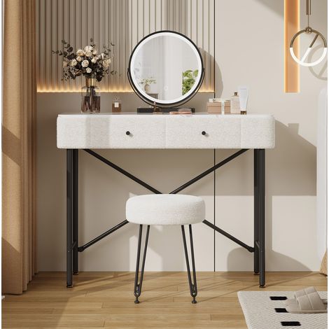 Toeletta trucco 100x40x120 cm bianca in metallo e pannello truciolare con specchio LED e sgabello (1/5)