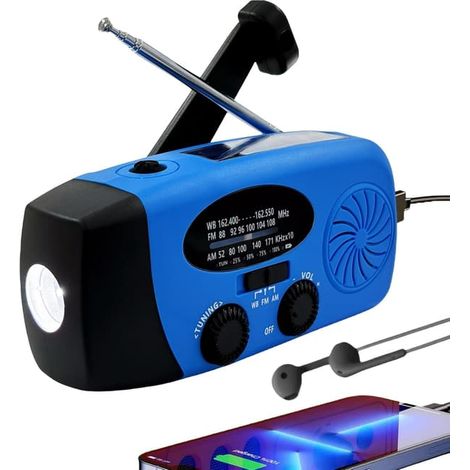 Radio météo solaire à manivelle, radio AM/FM portable NOAA auto-alimentée avec alarme SOS, lampe torche LED, batterie externe 5000 mAh, chargeur USB pour smartphone. (1/5)