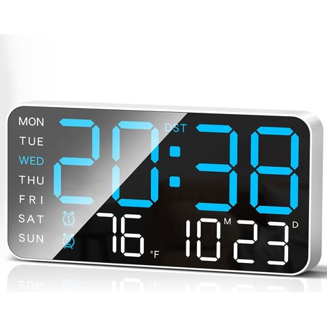 Große digitale Wanduhr (9,5 Zoll), LED-Wecker, großes Digitaldisplay, Datum, Temperatur, Sommerzeit, 5-stufig einstellbare Helligkeit, geeignet für Schlafzimmer und Büros, zur Wandmontage, blau.