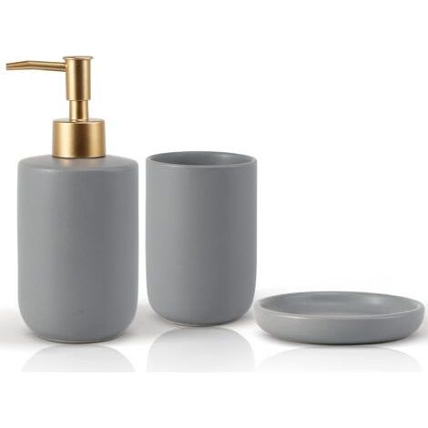 Accessoires Salle de Bain en Céramique, Lot de 3 Ensemble Salle de Bain de Luxe, D'accessoires de Salle de Bain avec Distributeur de Savon, Gobelets, Porte-Savon, Gris (1/5)