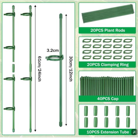 10 soportes ajustables para plantas de jardín, anillos de sujeción y tubos de conexión para orquídeas, rosas, tomates, 30 cm (verde)