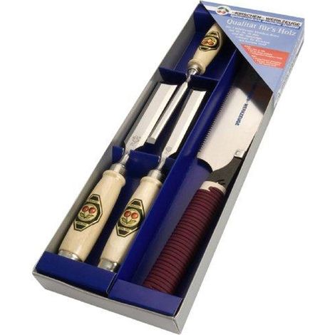 Ciseau à bois 4 pièces – Gouges 10, 20, 26 mm – Manche en hêtre blanc – Scie japonaise incluse – Étui de rangement – Kirsche