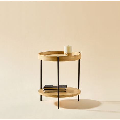 Table basse ronde Ø69x38 cm naturel en bois massif et MDF à double plateau (1/5)