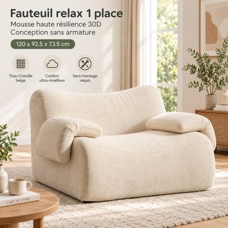 Petit Canapé 120x92x73cm Tissu Chenille Confort - Canapé 1 Place - Sans Montage, Mousse 30D, Anti-boulochage, Antidérapant Beige (1/5)