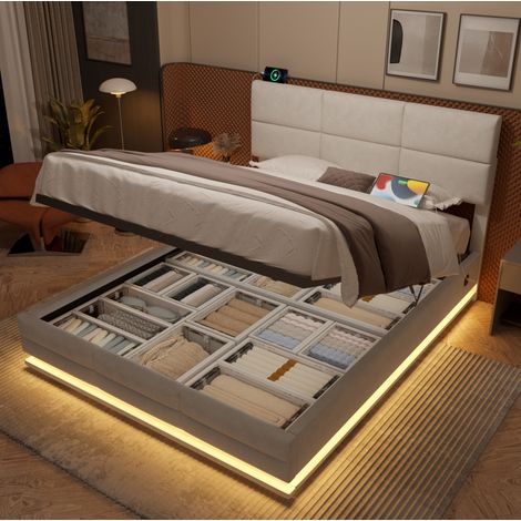 Lit moderne 140x200 cm en velours beige avec tête de lit réglable, LED dimmable, USB/Type-C et coffre de rangement (1/5)