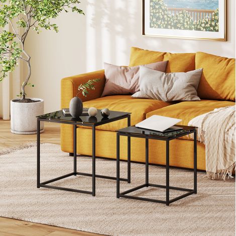 Set de 2 mesas de centro cuadradas con tablero de vidrio templado y estructura de acero negro (1/5)