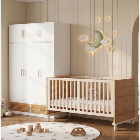 Conjunto de dormitorio infantil de 2 piezas: armario de 3 puertas de 120x50x180 cm con cuna de 70x140 cm, madera natural (1/5)