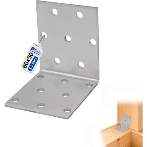 Équerre d’assemblage renforcée galvanisée 60 x 60 x 50 mm – plaque perforée connecteur métal fixation bois/métal patte de raccord universelle – GeZu Impex
