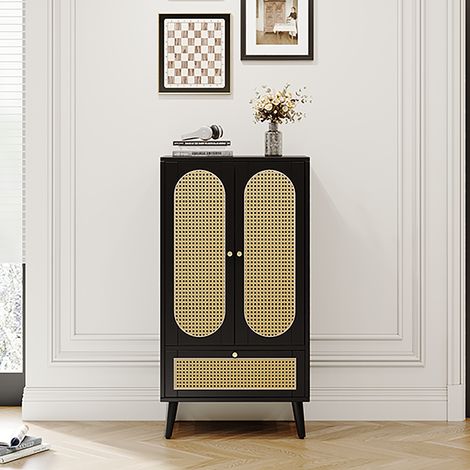 Buffet Compact en Rattan Noir 1,1m avec 2 Portes et 1 Tiroir - Solutions de Rangement Polyvalentes pour Salle à Manger et Bibliothèque (1/5)