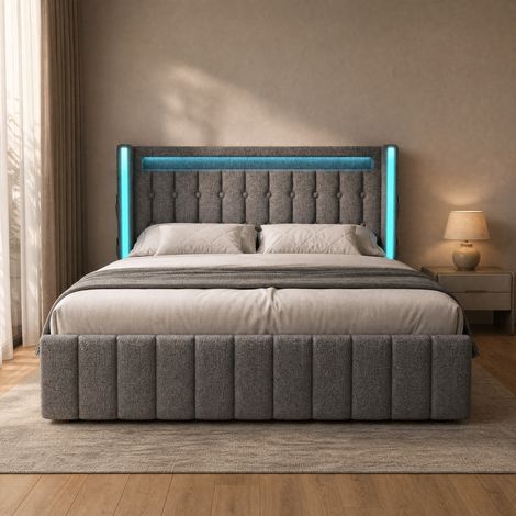 DESMIU Lit Coffre 160 × 200 cm 2 Places avec 4 Tiroirs, USB et Type-C, LED, sans matelas, en Lin, Gris (1/5)