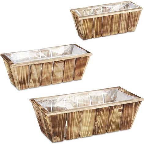 Set di 3 fioriere rettangolari decorative vintage da interno ed esterno 45 x 30 x 15 cm in legno naturale 130010816