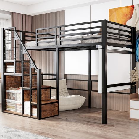 Cama alta 90x200 cm negra de metal y MDF con almacenaje y escalera (1/5)