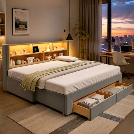 Lit banquette extensible 90x200 à 180x200 cm Lit enfant 2 places, 2 tiroirs, LED, USB/USB-C, étagères de rangement, velours Gris (1/5)