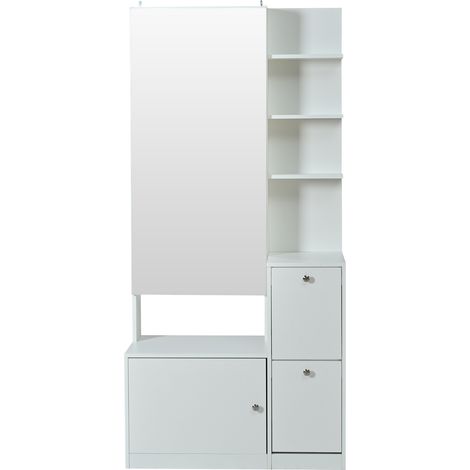 Meuble colonne 8540180cm avec miroir et meuble à chaussures, meuble d’entrée, porte-manteau d’entrée, meuble de rangement à deux portes, vitrine avec 5 étagères, blanc