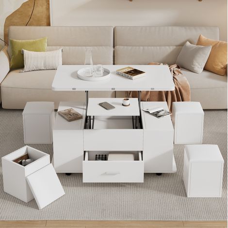 Tavolino trasformabile 100x50x45 cm bianco in truciolare con 4 sgabelli contenitore e altezza regolabile (1/5)