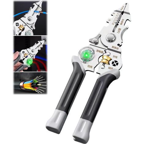 10-in-1 wire stripper with voltage tester, wire stripping pliers and clips, multi-functional cable cutters, pliers, clip, splitter and wire stripping function