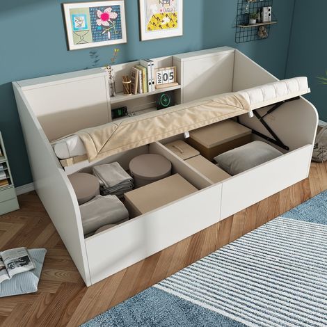 Letto a ribalta idraulico 90x200 cm con 2 nicchie e porta USB Tipo-C, struttura in legno spazio risparmio, bianco, sommier incluso