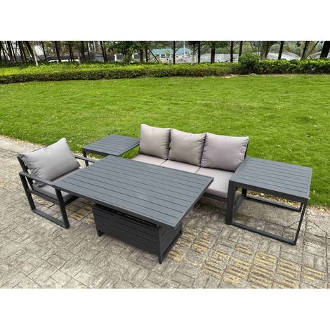 Fimous Aluminium Garden Furniture Set 5 Piece Aluminium Lounge Seating Adjustable Rising Lifting Dining Table Set with Cushions 2 Side Tables Dark Grey (1/5)