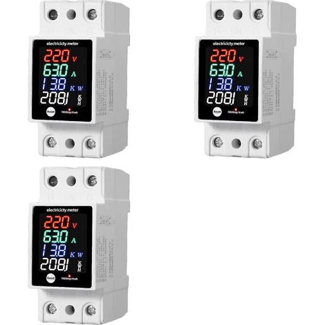 Trois compteurs d'énergie numériques ZS-6035VAKW, de type rail DIN, utilisés pour surveiller la consommation d'électricité (tension AC30-400V, courant, puissance, kilowattheures et fréquence). (1/5)