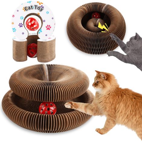 Griffoir pour chat accordéon pliable jouet interactif en carton avec balle cloche incluse (1/5)