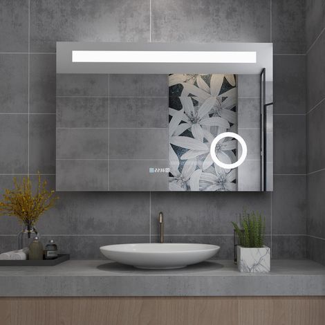 MIQU LED Badspiegel 100x70cm mit Beleuchtung Beleuchtet Wandspiegel Kaltweiß Warmweiß Neutrale Lichtspiegel Touch Dimmbar mit Steckdose + Schminkspiegel + beschlagfrei+Uhr