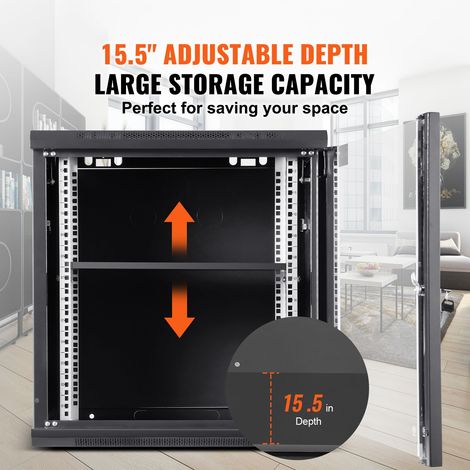 Armoire serveur réseau mural 12U, profondeur 39.4cm/15.5", baie rack enfermée, charge sol 90 kg/200 lbs, porte vitrée verrouillée et panneaux latéraux (1/5)