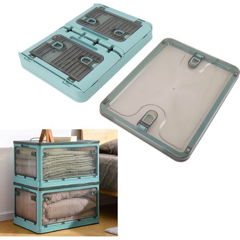 Petite boîte de rangement pliable en plastique avec porte latérale, organisateur pliable transparent, bleu. (1/5)