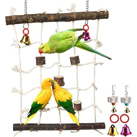 Filet d'escalade pour oiseaux, échelle suspendue, blocs à mâcher en bois, clochettes, pierres à mâcher (1/4)