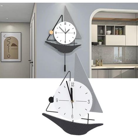 Segelboot-Wanduhr, minimalistisches Design, geräuschlos, für Wohnzimmer und Esszimmer – 38 x 53 cm, Metall, Holzverbundwerkstoff