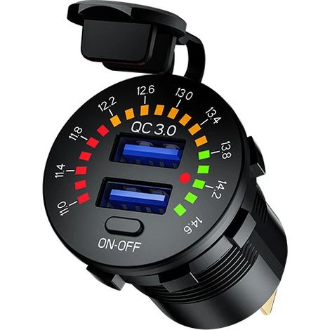 Chargeur USB QC3.0 pour moto et voiture, prise double USB étanche 12/24 V avec interrupteur et voltmètre couleur pour motos, voitures, bateaux, quads et bus (1/3)