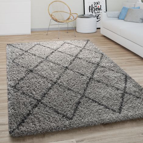 Paco Home Tapis Shaggy Tapis De Salon Poil Long Moderne Boho Scandinave Motif Diamant 60x100 cm, Gris (1/5)