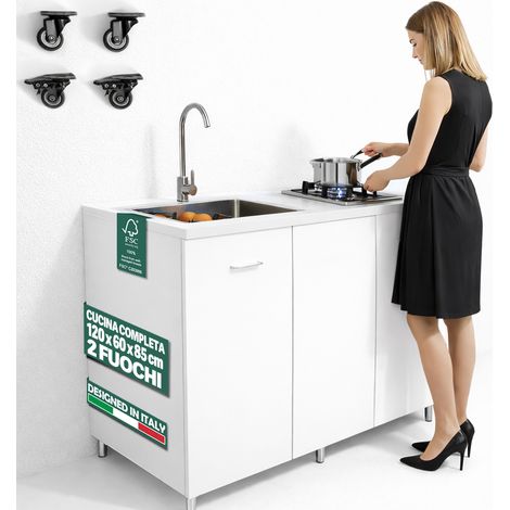 Cucina Completa 120x60cm Bianco Piano Cottura 2 Fuochi Lavello con Rubinetteria