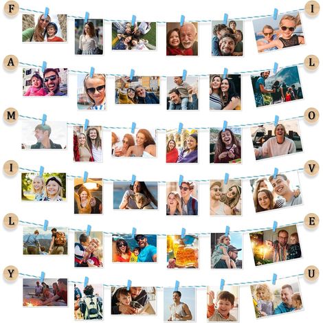 Cadre Pele Mele Photo Mural Porte Photo avec Pince et Corde, Décoration Murale DIY Personnalisé (Bleu) (1/5)