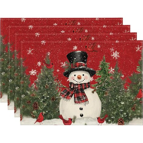 Weihnachtliche Platzsets 30x45 cm mit Schneemann-, Vogel-, Schal- und Baummotiven Vintage-Winterdekoration für das Esszimmer
